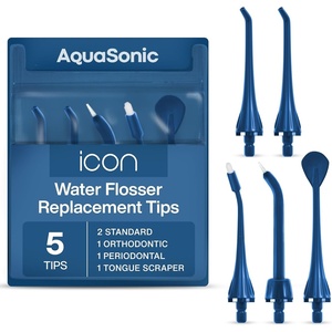 image:imageAquaSonic Genuine Icon Water Flosser Replacement Tips  5 Tips 4 Types Standard Periodontal Orthodontic amp Tongue Scraper  Authentic Parts MintNavy